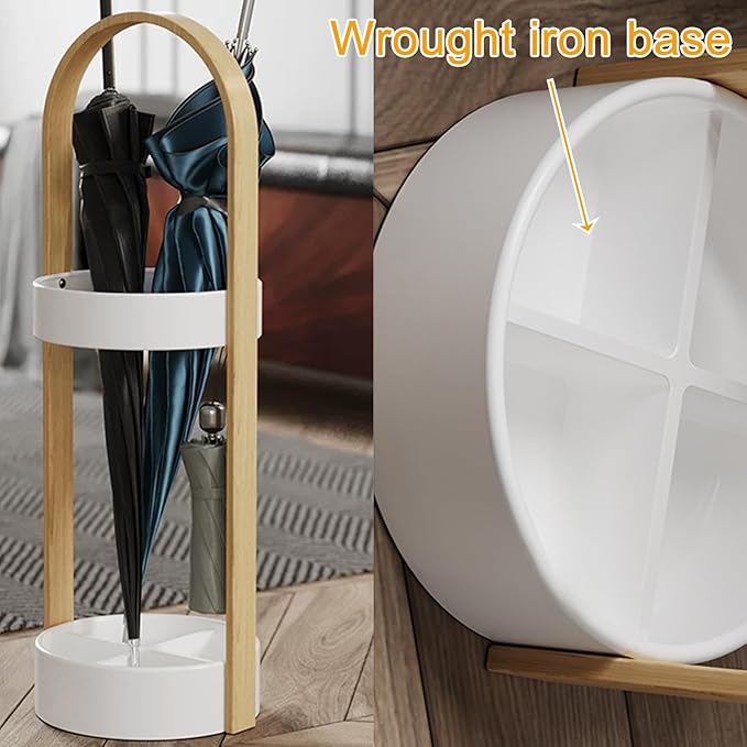 Metal Round Umbrella Stand Rack with Water Collection Tray, Solid Wood Umbrella Holder with Multiple Hooks, Canes Storage Stand Rack for Office, Home, Entryway(Black)