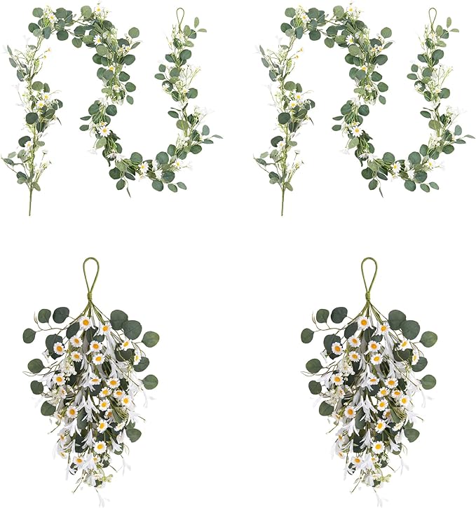 Pinkpum 20'' Eucalyptus Wreath 22'' Daisy Teardrop Swags Set 4 for Front Door Fireplace Hanging Porch Wall Home Window Kitchen Decor Farmhouse Garden Party Indoor Outdoor Summer Spring Fall