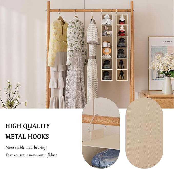 VERONLY Hanging Closet Shelf Shoe Organizer Set of 2 with Woven Bamboo Shelves,11.5 x 31.5 x 5.5 in, 6-Tier Design for Space-Saving Storage,Beige