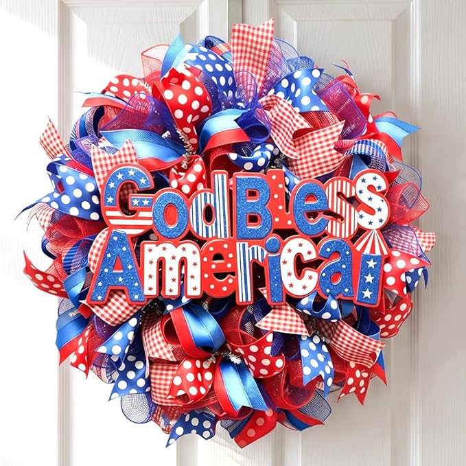 Patriotic Wreaths for Front Door, 250 Anniversary Decorations 4th of July Decorations Outdoor, Handcrafted Memorial Day Wreaths, Festival Celebration USA Flag Printed Wreath (B)