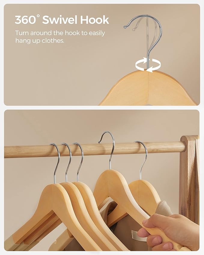 SONGMICS Velvet Wooden Hangers, Set of 20 Wooden Hangers with Velvet Surface, Non-Slip Coat Hangers with Shoulder Grooves, Pants Bar, 360° Swivel Hook, for Jackets Shirts, Natural UCRW012N02