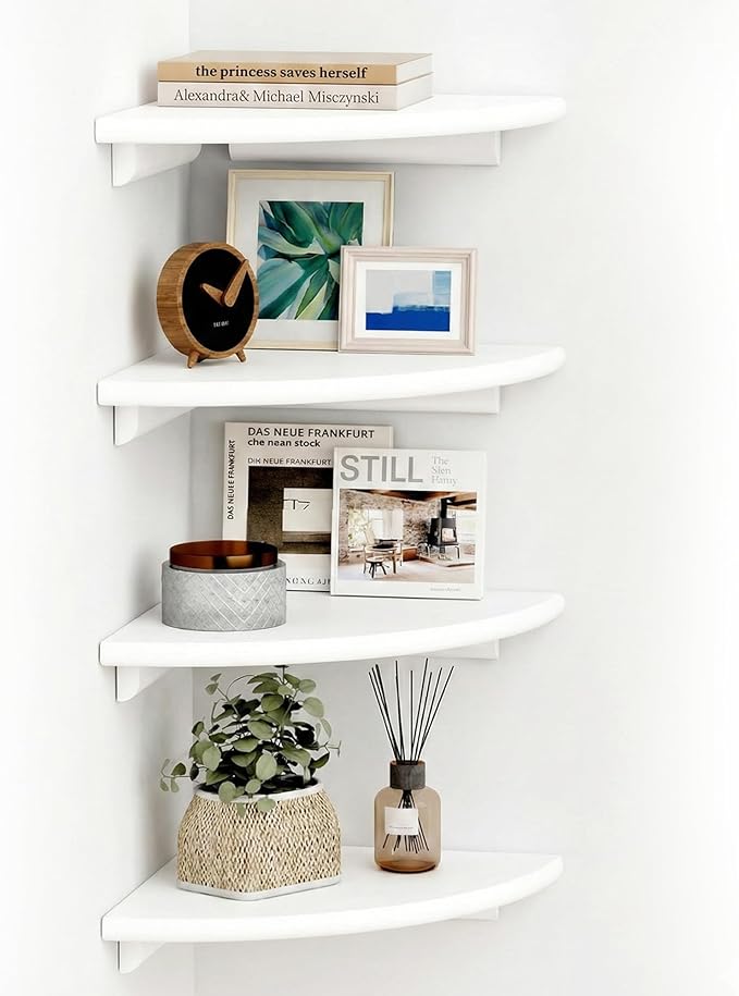 White Corner Floating Shelves for Wall Set of 4, Rounded Wood Wall Mounted Corner Shelf with Hardware, Space Saving Decorative Storage for Kids Room, Bathroom, Living Room, Office