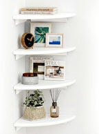 White Corner Floating Shelves for Wall Set of 4, Rounded Wood Wall Mounted Corner Shelf with Hardware, Space Saving Decorative Storage for Kids Room, Bathroom, Living Room, Office