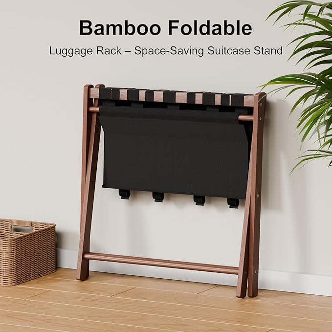 Bamboo Luggage Rack For Guest Room with 4 Storage Compartments, Foldable Suitcase Stand for Guest Room, 150lbs Capacity, Sturdy, Space-Saving and Easy to Assemble Organizer
