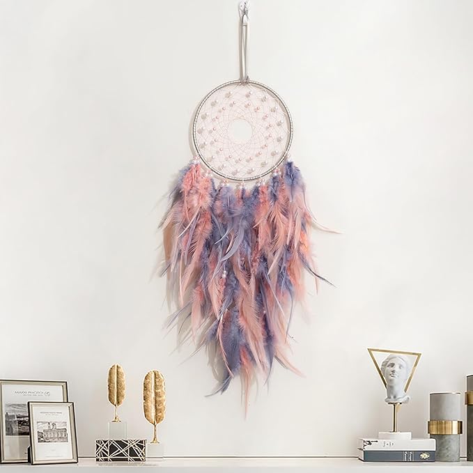 Dream Catcher Wall Decor, Handmade Dreamcathers Indians Traditional Circular Net for Wall Hanging Decor, Bedroom Kids, Home Decoration Wedding Party Blessing Gift, Pink Grey