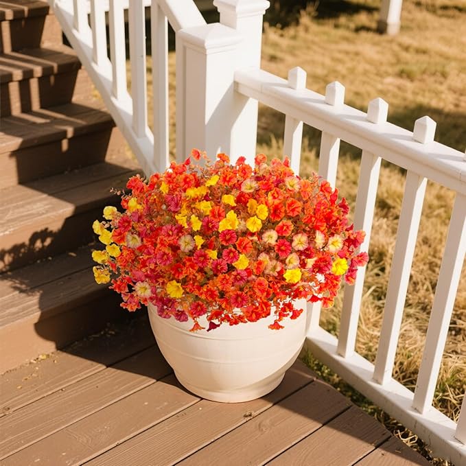 Fake Flowers Artificial for Outdoor Decoration Autumn Silk Flower UV Resistant, 12 Bundles Faux Morning Glory with Eucalyptus Greenery for Indoor Garden Planters Patio Window Home Decor, Mix