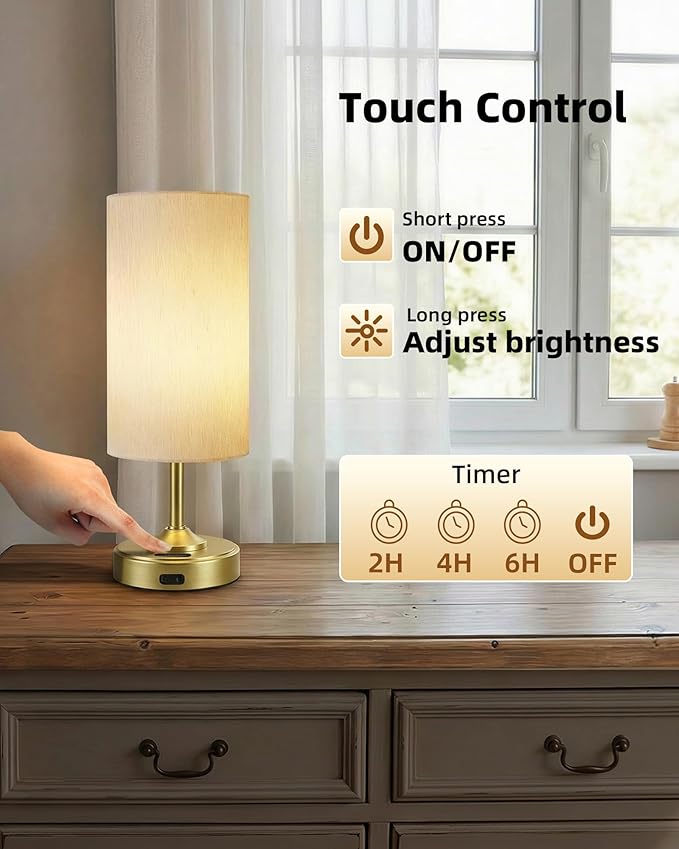 Cordless Lamp, 2-Pack, Dimmable, Ambient Light, 2700K, Timer, Touch Control, Portable, LED, Battery Operated, Rechargeable, Wireless, Desk Lamp, Kitchen Lamp, Fabric Shade, for Bedroom, Living Room
