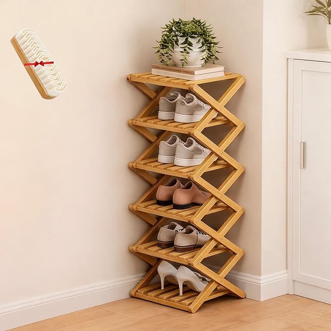 The 9-Tier No-Assembly Bamboo Rack, Folding Bamboo Shoe Rack Organizer with Collapsible Vertical Design, Space-Saving & No-Tool Assembly, for Entryways,Corners,Bedrooms,Balconies (Yellow,6)