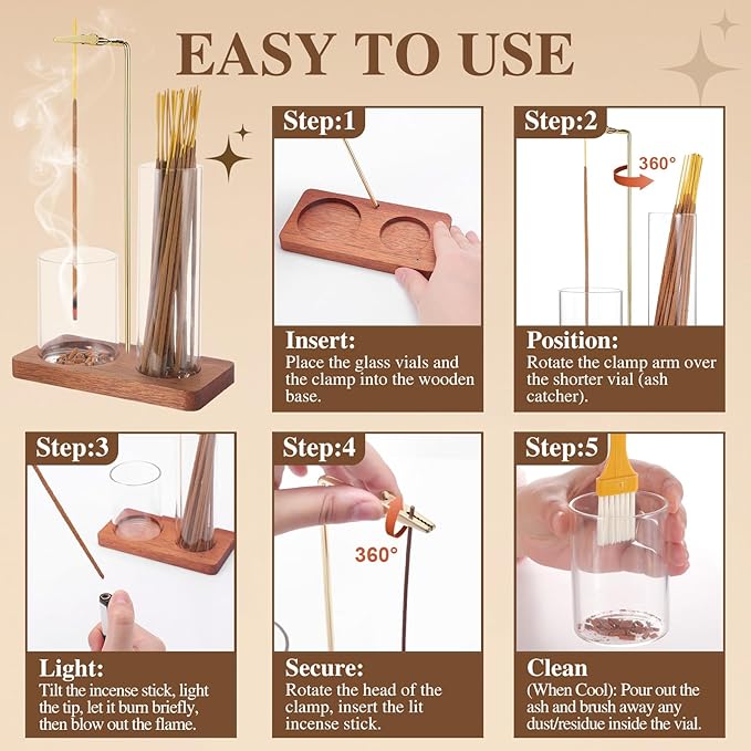 2 in 1 Incense Holder for Sticks with Glass Ash Catcher, Upside Down Anti-Ash Incense Stick Burner, Modern Vertical Incense Holder for Yoga, Spa, Meditation and Home Decor （Sqare）