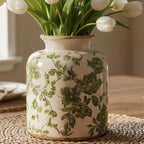 Vintage Green Crackle Glaze Ceramic Flower Vase, 6” Small Rustic Pottery-Style Decorative Vase with Distressed Beige Rim, Farmhouse Cottage Tabletop & Mantel Home Decor