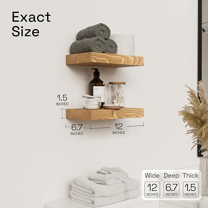 BAOBAB WORKSHOP Natural Wood Floating Shelves for Wall 12 Inch Wide, Small Wooden Shelf 12 in, Bathroom Shelves for Room Wall Mounted Kitchen Rustic, Oak Floating Shelf, 12W × 6.7D, Set of 2
