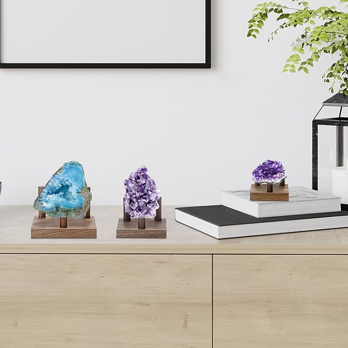 Hipiwe Rock Display Stand Three-Peg Display Easel Stands Walnut Wooden Crystal Rock Holder for Fossil Coral Geodes Rock Mineral Agate, Crystal Display Stand with Square Base, Large