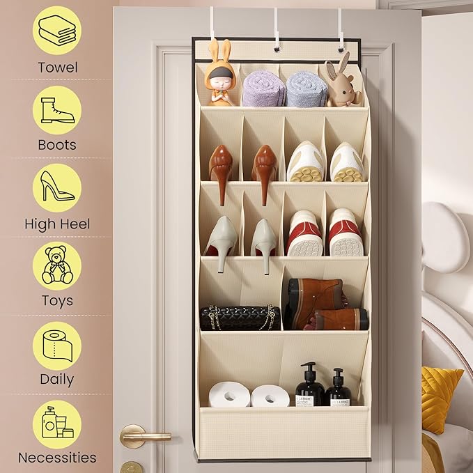 15 Pockets Over the Door Shoe Organizer, Shoe Rack for Closet Door with Large Breathable Pockets, Hanging Shoes Rack for Boots Size, Behind the Door Organizer Shoe Holder for Flexible Storage, Beige ﻿
