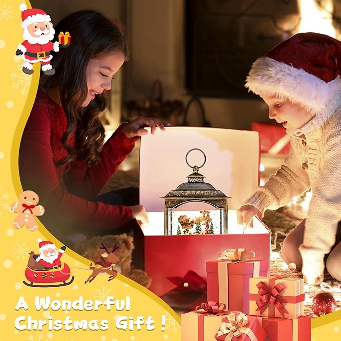 Christmas Snow Globes, Light Up Snow Globe with 6H Music Timer, Auto Snowfall, USB or Battery Powered, Christmas Globe with Santa Snow Globe Scene, Indoor Christmas Decorations for Home, Retro Gold