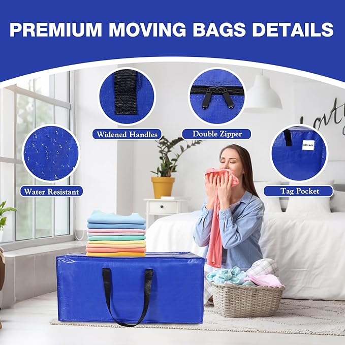6 Pack Moving Bags Heavy Duty Extra Large Storage Bags with Zippers, Handles, Backpack Straps Packing Bag for Moving College Dorm Room Essentials, Camping, Travel, Clothes 93 L 25 Gallons (Blue)