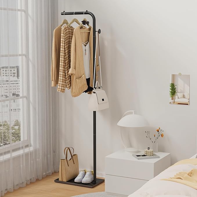 OUTBROS Coat Rack, Portable L-shaped Clothes Rack with Hook, Modern Hanger, Sturdy Freestanding Metal Clothing Rack, Used in Bedroom, Entrance and Living Room, 15.3 x 10.2 x 70.8 inch, Black