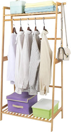 Ufine Bamboo Clothes Hanging Rack with 2 Tier Storage Shelves and 2 Coat Hooks Portable Laundry Rack Cloest Organizer Garment Rack for Bedroom Guest Room