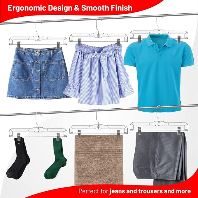DEILSY™ Skirt Hangers 100 Pack Pants Hangers Shorts Clear Plastic Clothes with Adjustable Clip Non-Slip Clothes Clip Perfect for Pant, Pack of 100