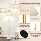 Dimmable 3 Lights Arc Floor Lamp, Modern Tall Standing Tree Lamp with Gold Pole, White Linen Shades & Solid Marble Base, 3000LM Warm White LED Bulbs, Elegant Lighting for Living Room, Bedroom & Office