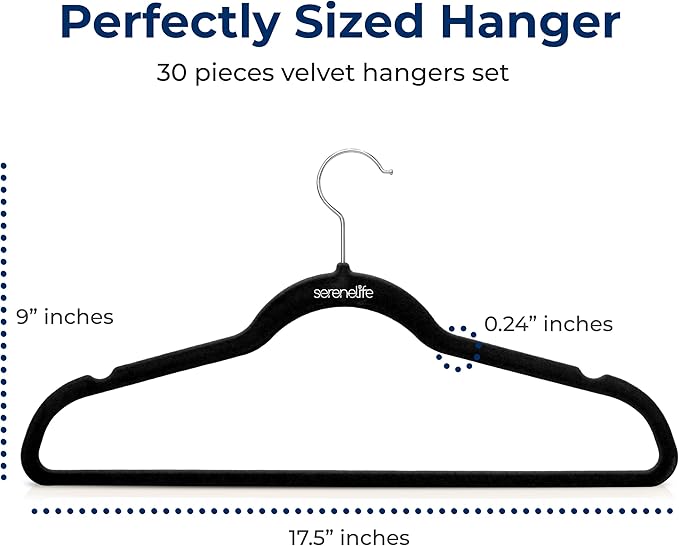 SereneLife 30 Pack Velvet Hangers – Non-Slip Clothes Hangers with Heavy Duty Design, Slim Space-Saving Coat Hangers with 360° Swivel Hook, Strong Lightweight Closet Organizer Set for Clothes (Black)