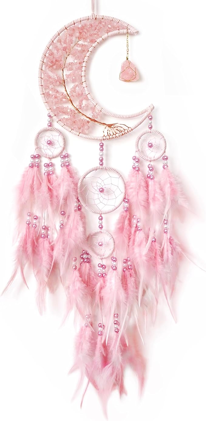 Dream Catchers,Moon Dream Catchers with Chakra Gemstone Agate Stone,Pink Tree Life Dream Catcher Wall Hangings Room Decor for Girls Bedroom Decor Art Craft Gift (Pink)