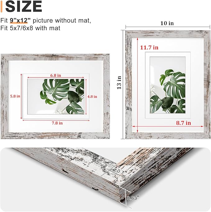 Egofine 9x12 Picture Frames Set of 4, Made of Solid Wood Covered by Plexiglass 5x7 and 6x8 with Mat or 9x12 without Mat, for Table Top Display and Wall Mounting Photo Frame, Rustic White
