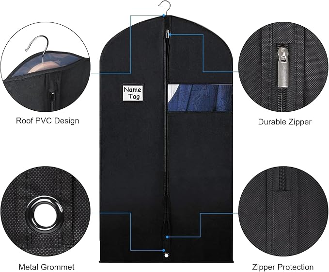 Syeeiex 40" Garment Bags for Hanging Clothes, Set of 8 Suit Bag, Suit Bags for Closet Storage, Garment Covers for Storage Suits, Shirts,T-shirts and Jackets on Closet(Black)