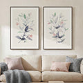 Large Framed Botanical Wall Art Set of 2, Modern Minimalist Floral Canvas Wall Art Neutral Watercolor Prints, Contemporary Pastel Neutral Leaf Wall Decor for Living Room Bedroom Hallway, 24x36 Inch
