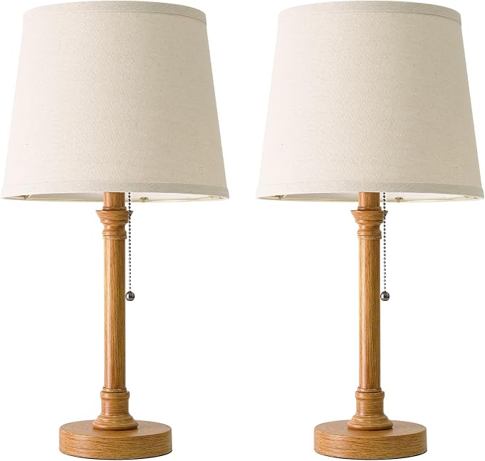 Oneach 19.5" Small Table Lamps Set of 2, Pull Chain Switch Bedside Metal Table Lamps, Modern Nightstand Lamp with Linen Shade, Rustic Lamp for Living Room, Bedroom, Home Office, Nursery