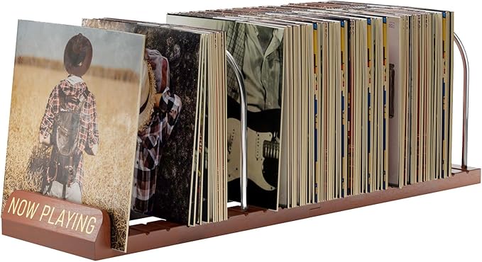 BS-VOG Now Playing Vinyl Record Stand, 150 LP Vinyl Record Storage with Non-slip Grooves, Wood Now Spinning Vinyl Record Holder for Albums Magazine Rack Organizer Record Display, Gift Package