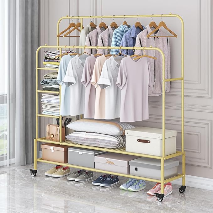 SUOERNUO Garment Rack for Hanging Clothes Rack Heavy Duty Portable with Bottom Metal Shelf Drying Coats Shirt,Black (Gold+Double Rods+Shelf)