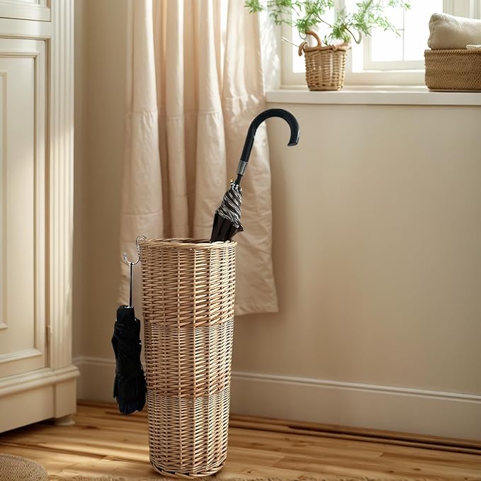 Natural Rattan Umbrella Stand for Entryway, 21.2H x 9.4L x 9.4W, Detachable Drip Tray & 2 Metal Hooks – Storage for Umbrellas, Canes & Walking Sticks, Stylish Home Decor