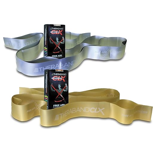 THERABAND CLX Resistance Band with Loops, 2 Pack Fitness Band for Home Exercise and Workouts, Portable Workout, Functionality for Athletes, 5’ Consecutive Loops, 2-Pack Super Heavy/Max, Silver-Gold