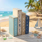 Lineshading 4 Pcs Summer Table Decoration Wooden Book Coastal Beach Decoration Blue and White Summer Tiered Tray Decor Wood Book Signs Farmhouse for Ocean Party Home Shelf Coffee Table