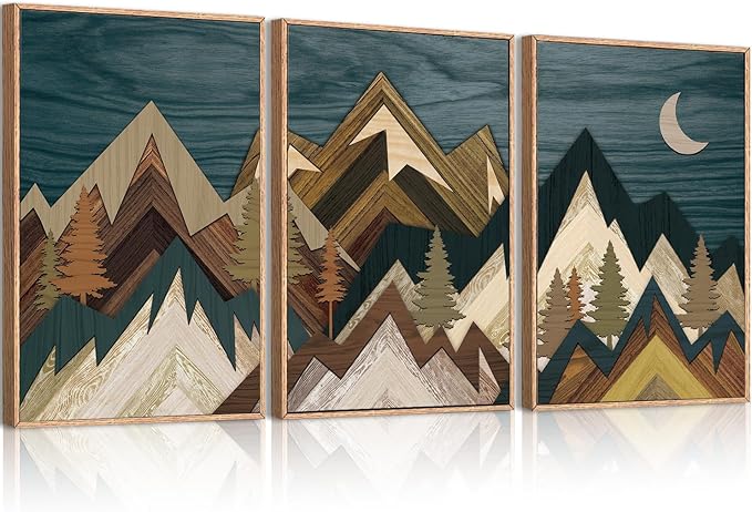 BINCUE Extra Large Mountain Wall Art Moon Froest Wall Decor Nature Landscape Art Print Framed Mountain Artwork Farmhouse Rustic Wall Paintings Large Landscape Artwork for Living Room Bedroom Office 24x36 Inches Set of 3