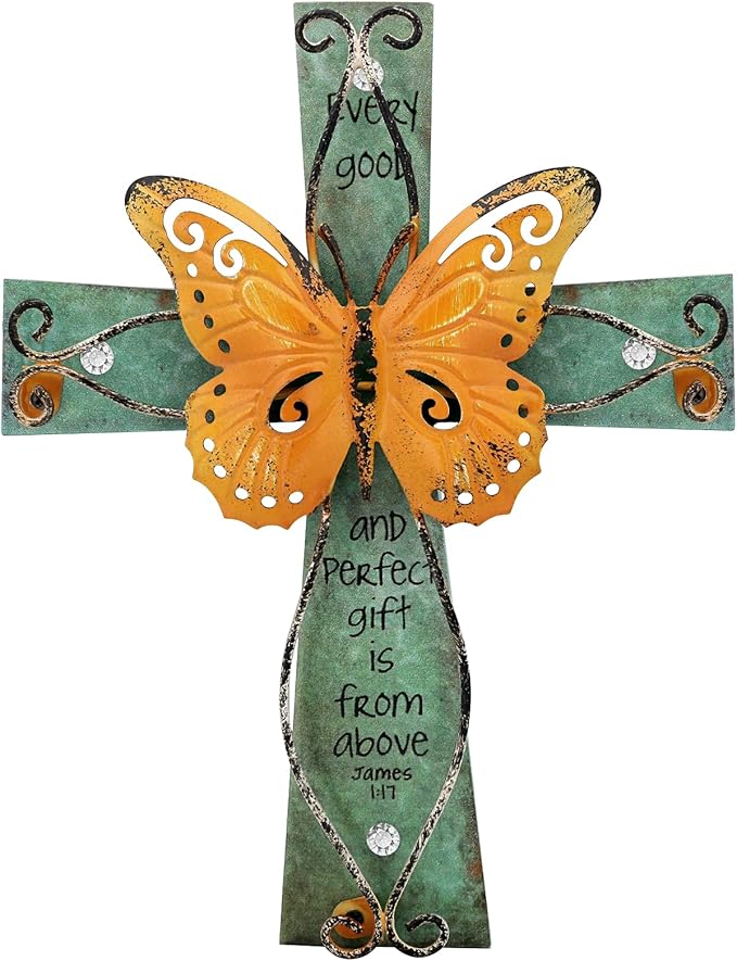 INHAI Handcrafted Christian Wall Cross 9x7,James 1:17 Verse on Wood with Antiqued Metal,Mother's Day Inspirational Home Decor Gift(Yellow)