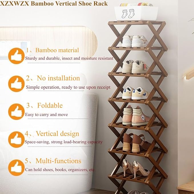 Foldable Shoe Rack, Bamboo Vertical Shoe Organizer Tall for Small Spaces. Multifunctional Narrow Shoe Shelf for Entryway, Closet, Corner, Bedroom, Hallway, Brown Color 4 Layers