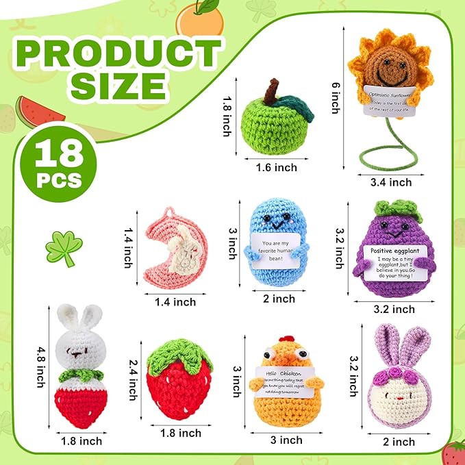 VioraWhite 18 Pcs Positive Crochet Animal Fruit Sunflower Emotional Dolls Bulk Encouragement Emotional Knitted Gifts with Positive Words for Friends Coworker Decorations for Home Office