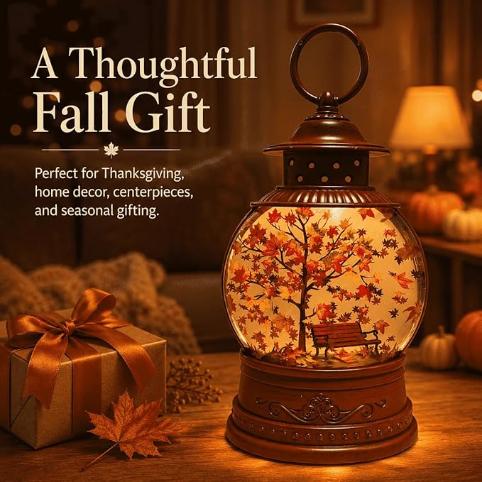 Fall Snow Globe Lantern with Swirling Maple Leaf Glitter 6H Timer Battery & USB Powered Fall Decor Autumn Snow Globe for Thanksgiving, Home, Tabletop Decoration