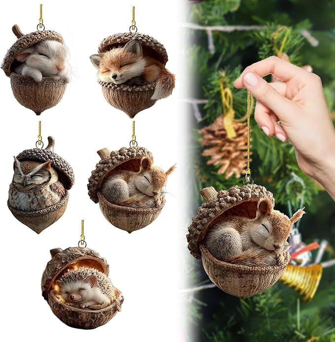 5Pcs Forest Animal Acorn Ornaments, Cozy Forest Christmas Ornaments, 2026 New Pine Cone Animal Decoration, 2DAcrylic Hanging Ornament, Woodland Creature Hanging Ornament for Home Decor