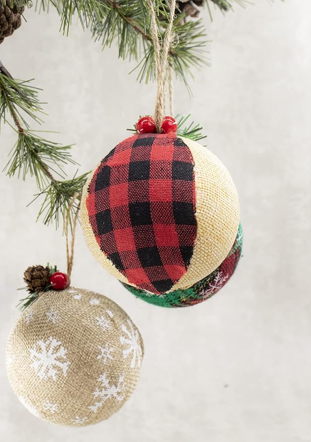 Burlap Christmas Hanging Ornaments, Farmhouse Rustic Christma Decorations, Natural Jute Ball Ornaments for Xmas Holiday Party Home Decor 12Pcs