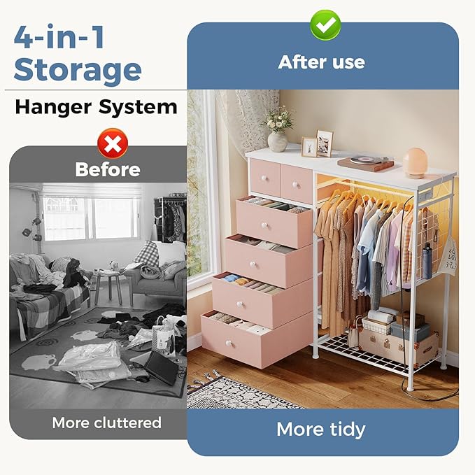 OLIXIS 6 Storage for Bedroom with Hanging Rack with LED Lights & Charging Station, Fabric Chest of Storage with Rack, Wooden Top, for Home Living Room Entryway Pink