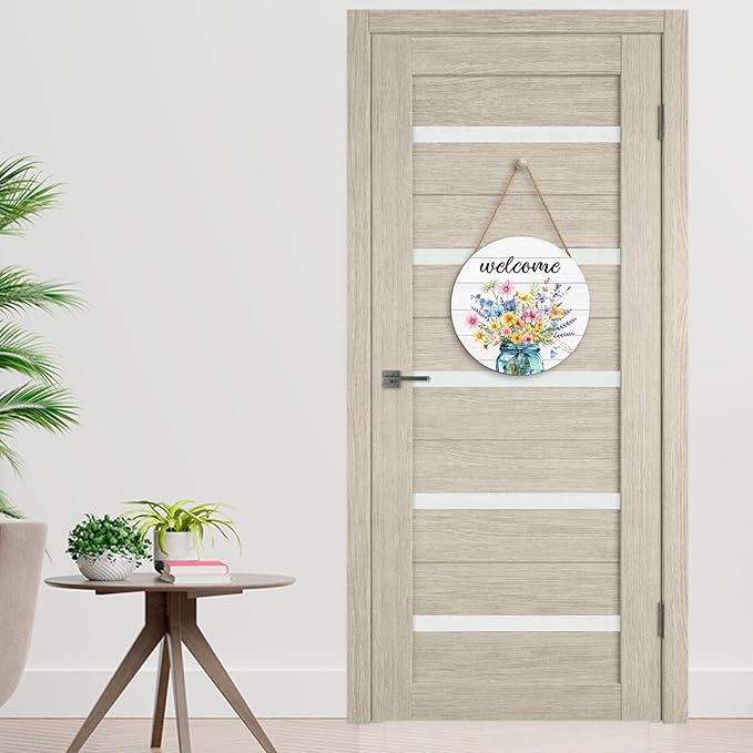 Harooni Spring Summer Welcome Door Sign for Front Door Spring Mason Jar Flowers Door Hanger Sign Wildflower Butterfly Wood Wreath Farmhouse Front Wreaths for Porch Wall Indoor Home Decor 12"x12"