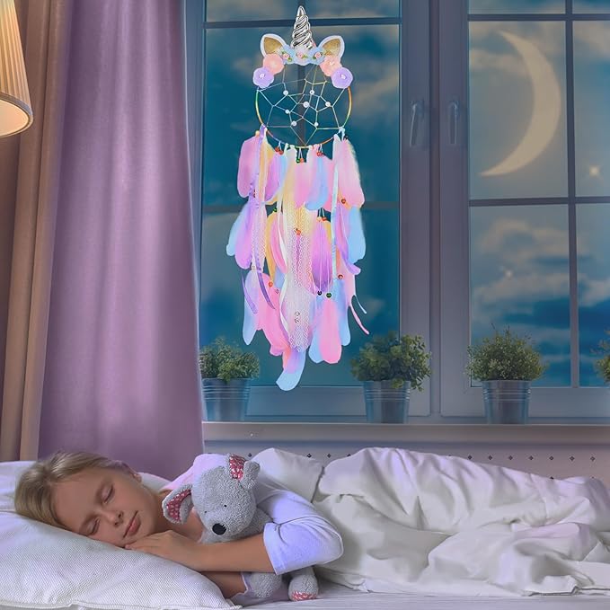 QtGirl Dream Catchers for Kids Unicorn Wall Decor for Girls Bedroom Flower Feather Wall Hanging Decoration