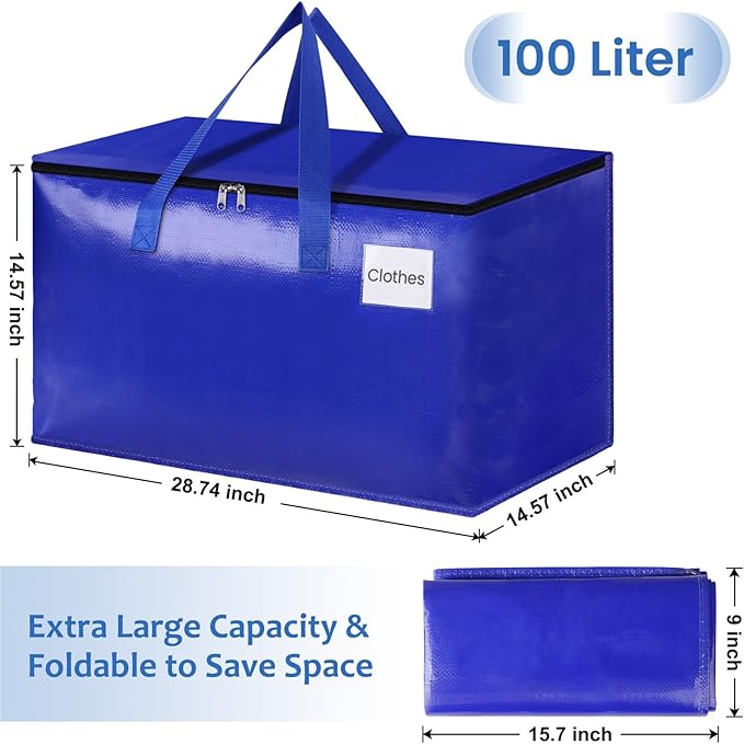 Moving Bags, Storage Bags with Sturdy Handles and Heavy Duty Zippers, Storage Totes for Space Saving, Moving & Storage, Collapsible Moving Supplies(100L, 6-Pack, Blue)