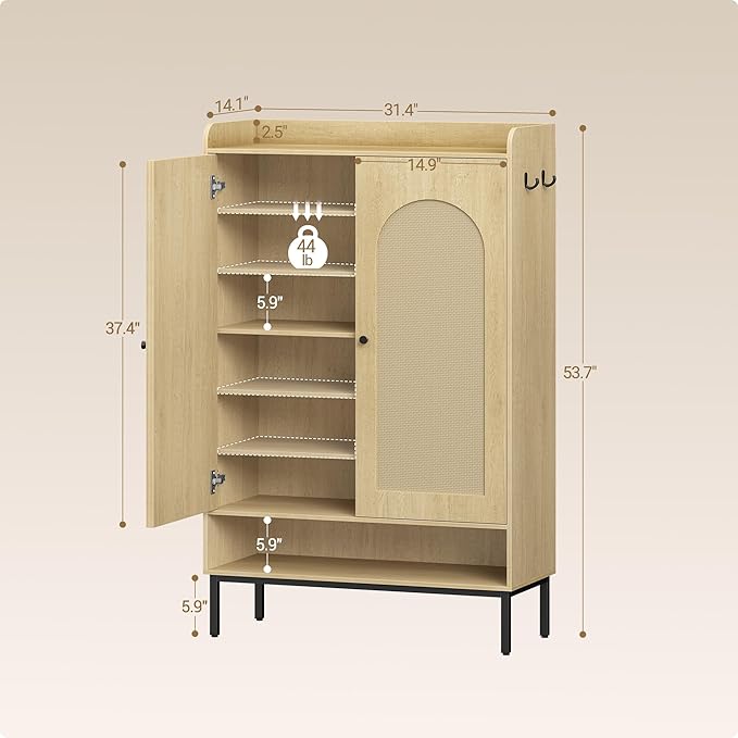 Shoe Cabinet with Doors, 7-Tier Shoe Storage Cabinet with Adjustable Shelves, Wooden Shoes Organizer Cabinets with Top Storage Layer, 28-32 Pairs, for Entryway, Hallway, Rattan SR68702Y