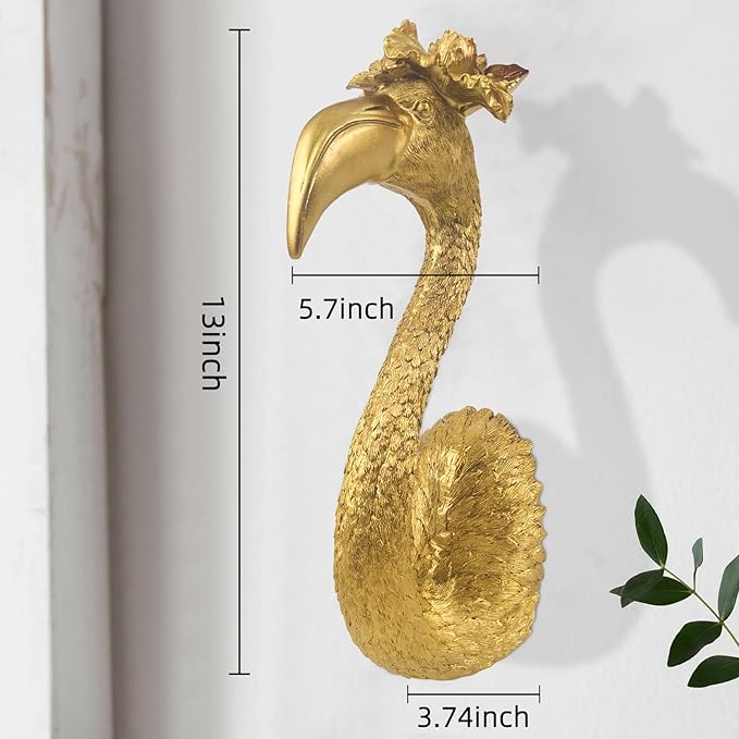 GUSFREUD Gold Animal Heads Sculptures Wall Art - 13" Resin Faux Flamingo for Home Wall Decor, Bird Wall Hanging Decoration for Living Room, Bedroom & Kitchen, Unique Gift Idea
