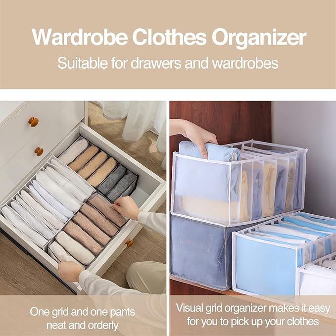 Wardrobe Clothes Organizer, 7 Grids Washable Portable Closet Organizer Mesh Separation Storage Box Foldable Closet Drawer Organizer for Underwear, Socks, Scarves, Jeans (Grey, 3 Jeans Grid)