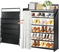 Easy Install Wooden Shoe Rack with Privacy Curtain - 6-Tier Foldable Shoe Storage Organizer, Unfold & Tighten to Use, Sturdy Wood Shoe Shelf for Closet Entryway Hallway Small Space