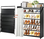 Easy Install Wooden Shoe Rack with Privacy Curtain - 6-Tier Foldable Shoe Storage Organizer, Unfold & Tighten to Use, Sturdy Wood Shoe Shelf for Closet Entryway Hallway Small Space